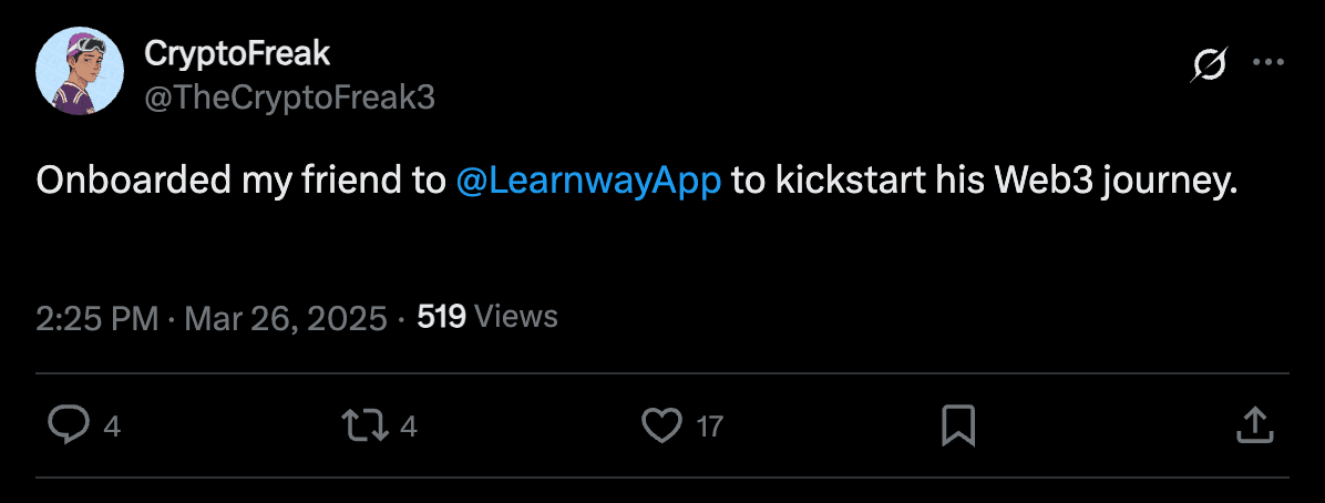 CryptoFreak (@TheCryptoFreak3): onboarded my friend to LearnwayApp